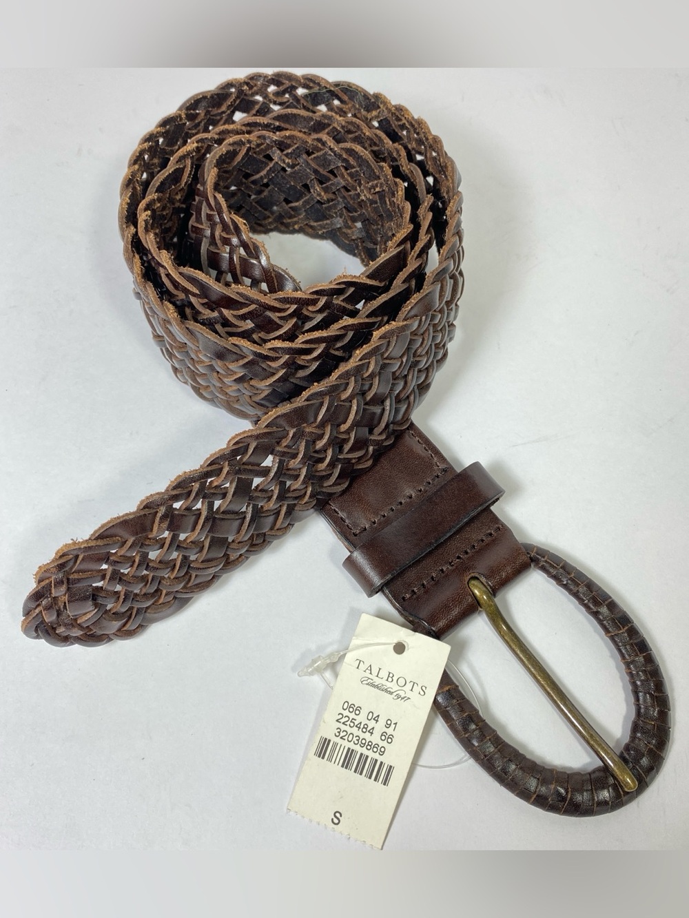 Talbots Women's Braided Woven Genuine Leather Belt Brown Sz S Leather Buckle NWT